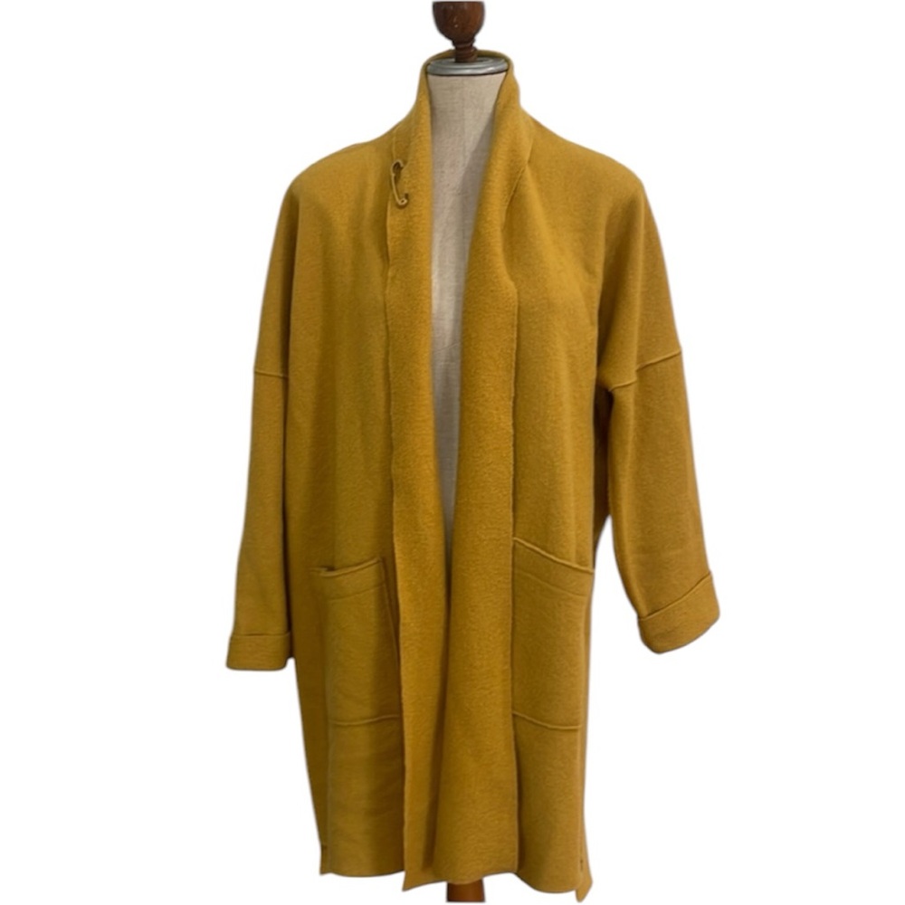 Eileen Fisher Wool coat long jacket open front mustard yellow womens size medium
